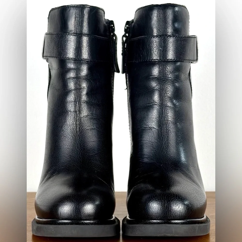 Nine West Sherbert Boots Women 5 Black Leather Moto Buckle Ankle Heeled Bootie